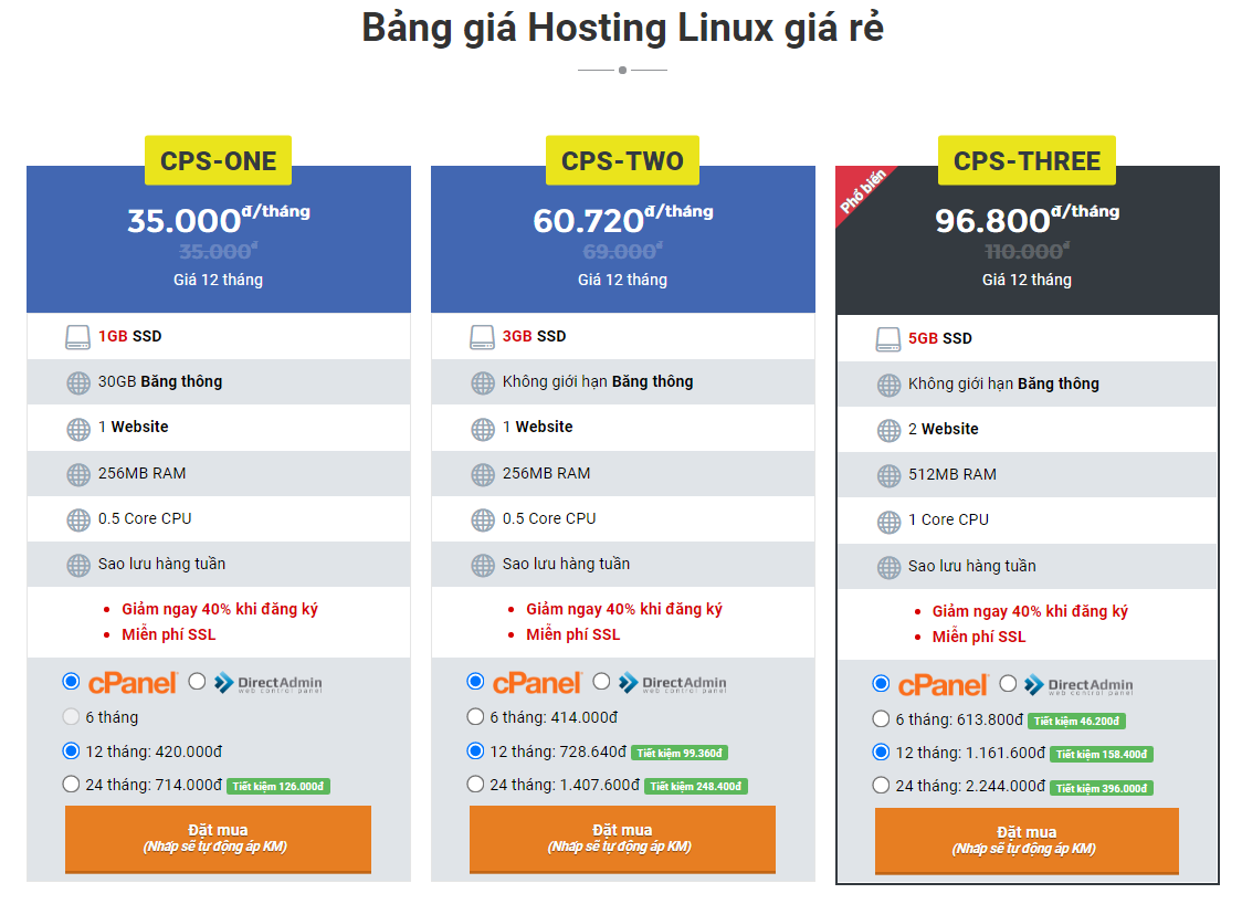 Bảng giá hosting giá rẻ chỉ từ 35.000đ/tháng