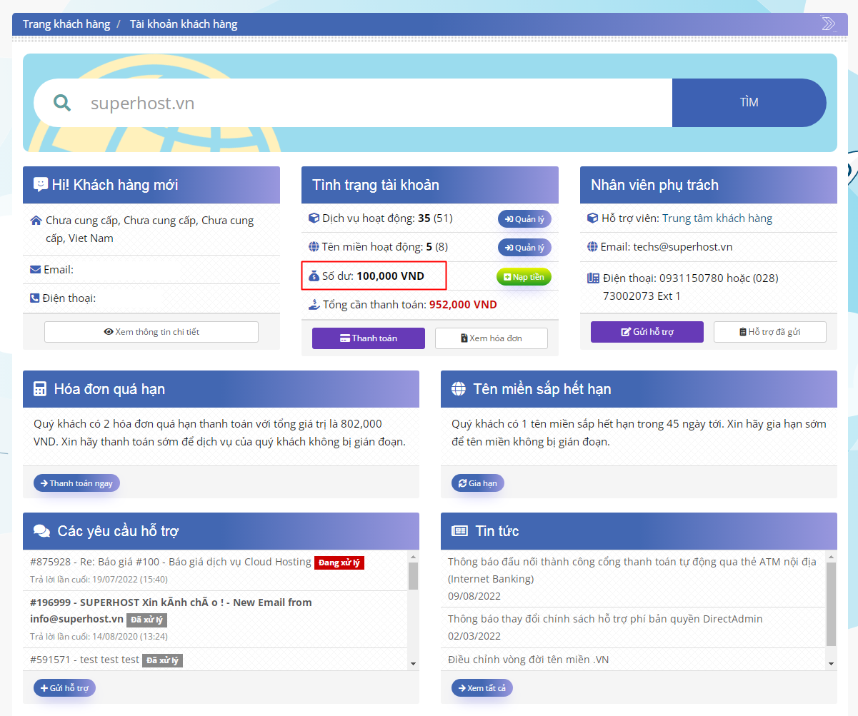 Hiển thị số dư trong tài khoản