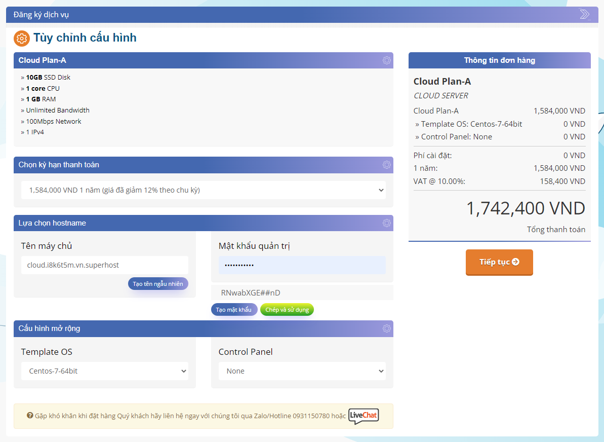 Đăng ký Cloud Server