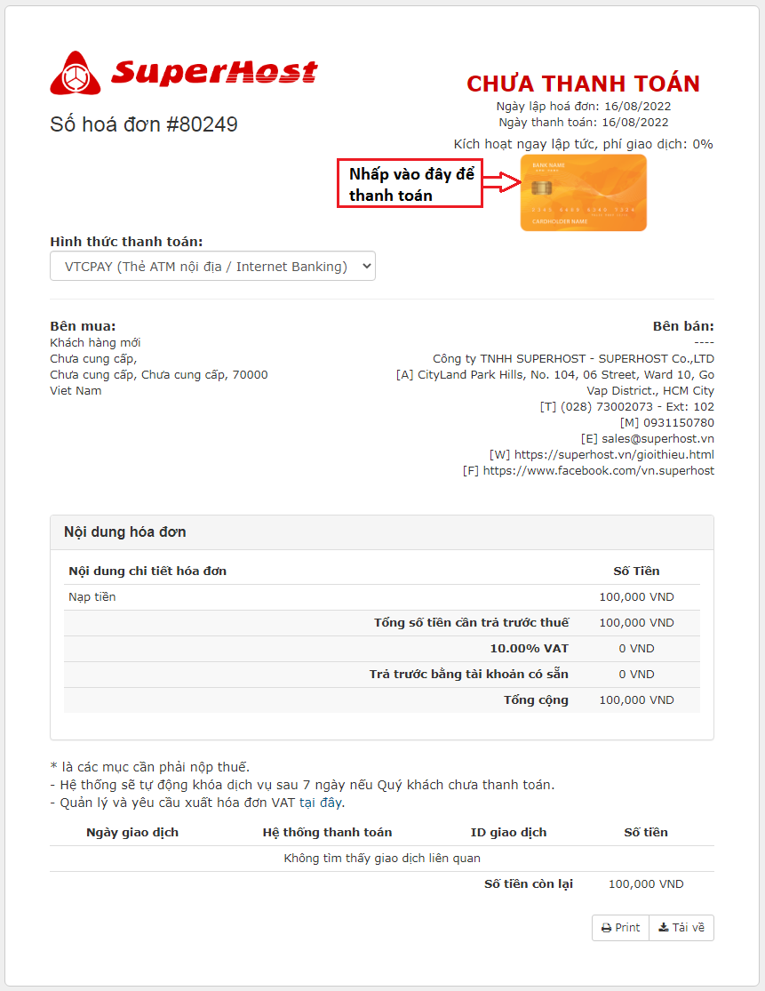Hóa đơn nạp tiền