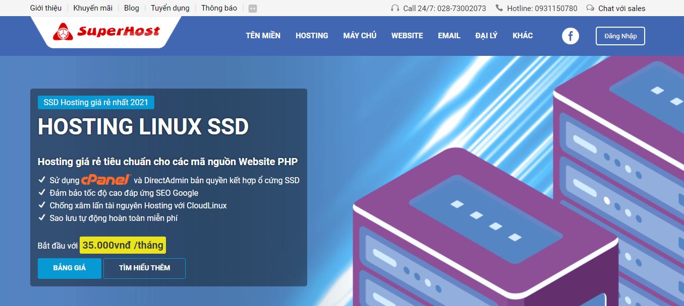 Giao diện website của nhà cung cấp Hosting SuperHost