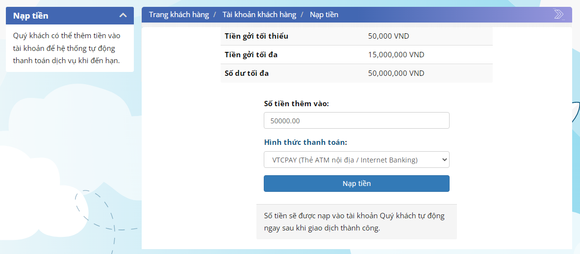 Nhập số tiền muốn nạp vào tài khoản
