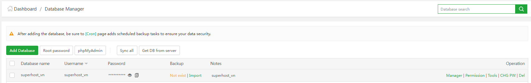 Tạo database thành công trên AApanel