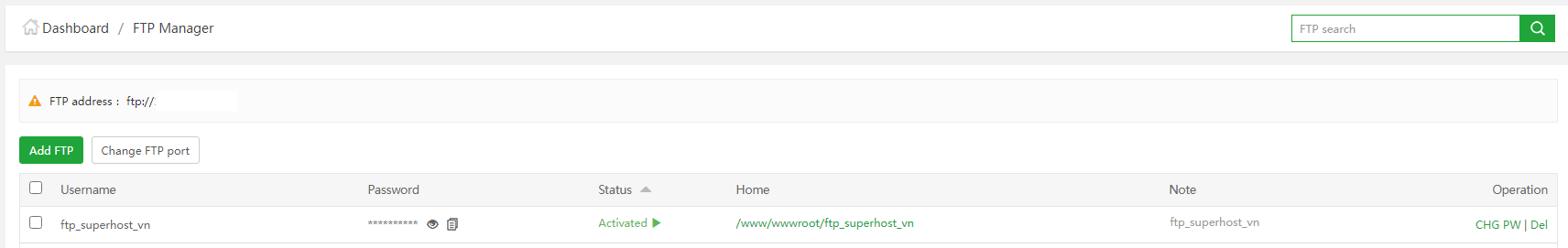 Tạo FTP thành công