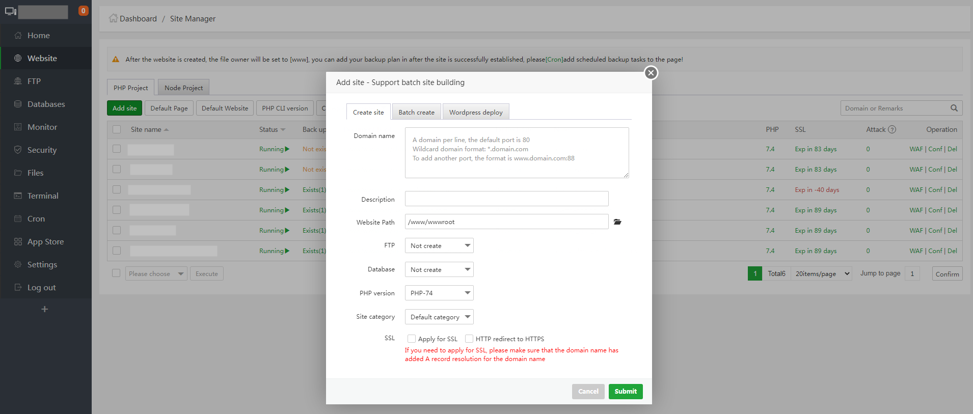 Thêm website vào AApanel